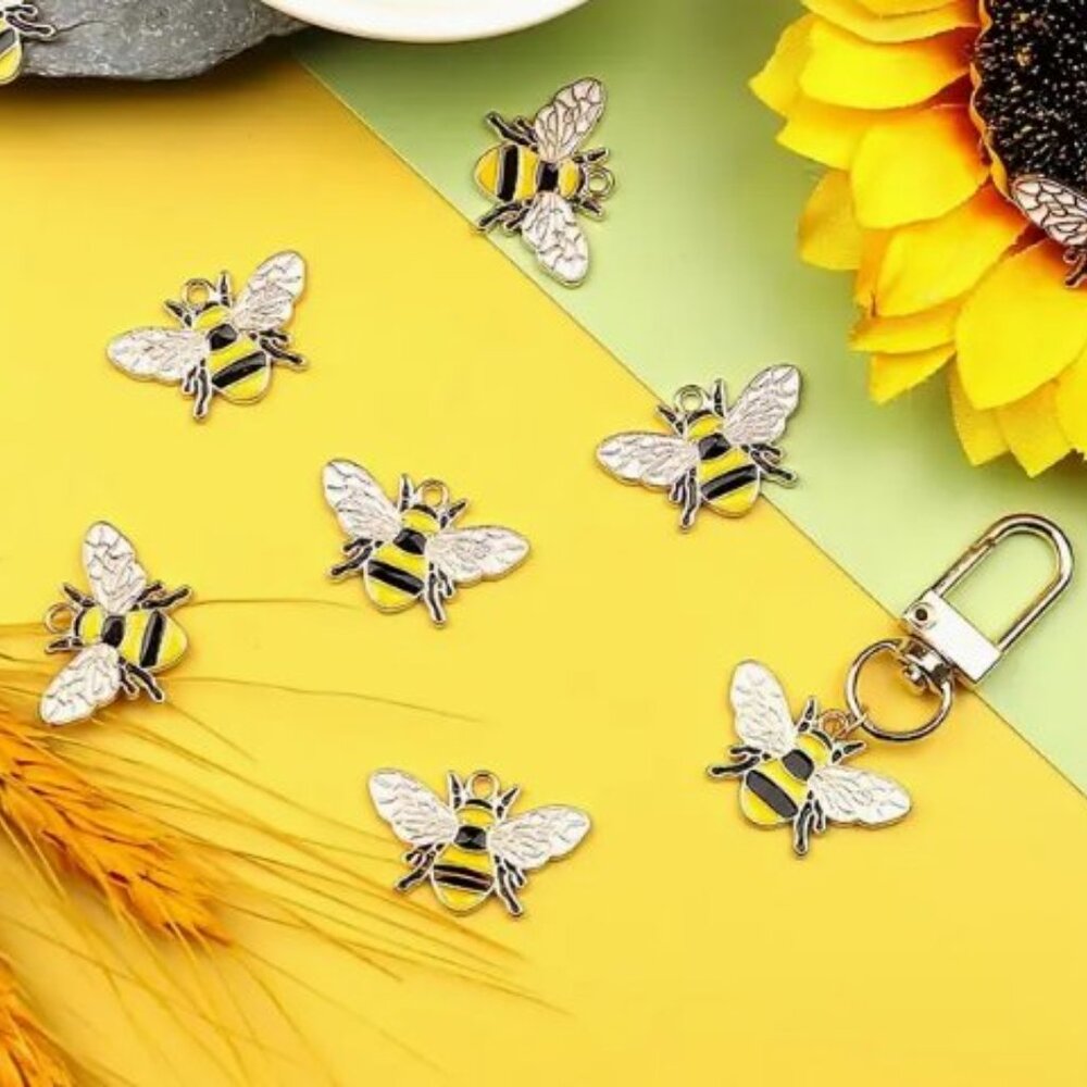 Golden Black Colorful Enamel Oil Drip Honeybee Cute Bee Charms.  12 Pieces.